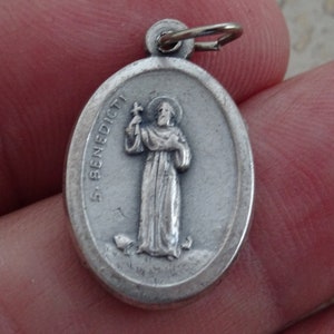 Religious antique French catholic silver plated medal pendant medaillon Holy charm medallion of Saint Benedict.  ( H 24  )
