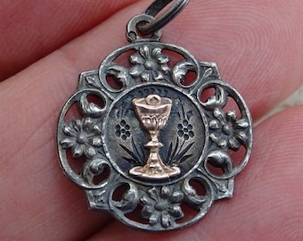 Religious antique silver gold ( MARKED ) French medal pendant charm medallion of Holy Chalice of the Holy Communion. ( B 17 )