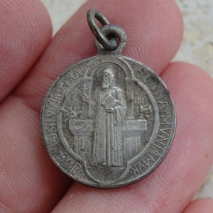 Religious antique French silver  ( MARKED ) catholic medal pendant medallion Holy charm of Saint Benedict. ( C 18 )