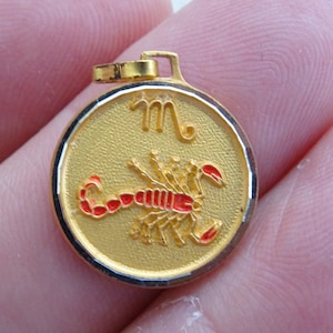 Vintage vermeil gold plated enameled Zodiac medal medallion charm pendant Constellation sign of scorpio. ( D 20  )