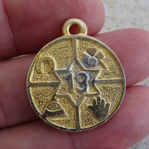 Vintage vermeil gold plated medal pendant medallion charm with lucky number 13 horse shoe and four-leaf clover. ( F 12  )
