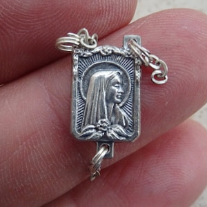 Religious vintage catholic silver plated rosary center medal connector with Holy Virgin Mary. F 14