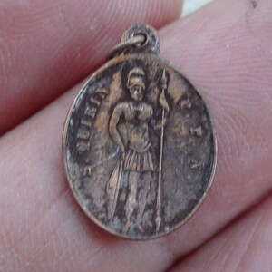 Religious antique French copper catholic medal pendant charm medallion of Saint Quirin and Holy Virgin Mary. ( P 16 )
