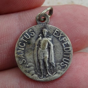 Religious antique French catholic silver ( MARKED ) catholic medal pendant charm medallion of Saint Expeditus Expedite. ( O 2 )