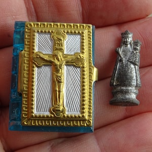 Religious antique French vermeil gold plated blue catholic pocket shrine chapel altar relic with statue of Holy Virgin Mary. ( 5 )