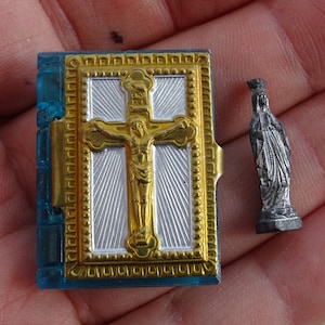 Religious antique French vermeil gold plated blue catholic pocket shrine chapel altar relic with statue of Holy Virgin Mary. ( 11 )