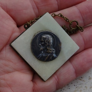 Religious antique French copper marble medallion pendant medal of Holy Jesus Christ Our Lord. ( 1 a)