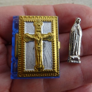 Religious antique French vermeil gold plated blue catholic pocket shrine chapel altar relic with statue of Holy Virgin Mary. ( 7 )