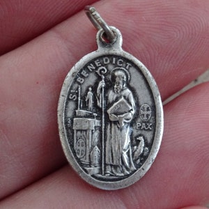 Religious antique French catholic silver plated medal pendant medaillon Holy charm medallion of Saint Benedict.  ( H 22  )