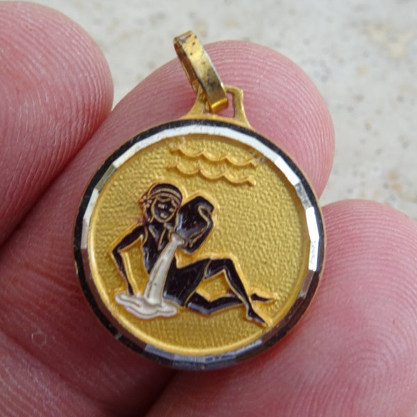 Vintage vermeil gold plated  enameled Zodiac constellation medal charm medallion pendant sign of Aquarius. ( waterman ) B 11