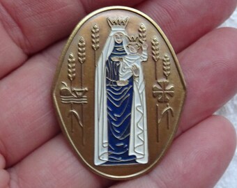 Religious antique French catholic vermeil gold plated enameled brooch of Holy Virgin Mary Our Lady and Child Jesus. ( 2 P )