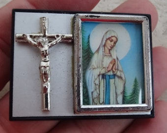 Religious silvered catholic magnet of Holy Virgin Mary  with a cross crucifix.  ( 1 )