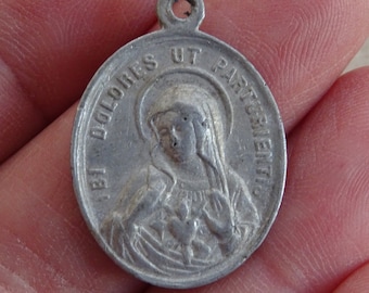 Religious French catholic medal pendant medallion charm with Holy Virgin Mary Our Lady of Sorrows and Holy Jesus Christ. ( A 8 )