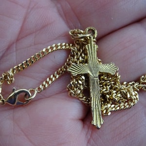 Religious antique French vermeil gold plated chain necklace with vermeil gold plated religious catholic cross crucifix. ( A 22 )