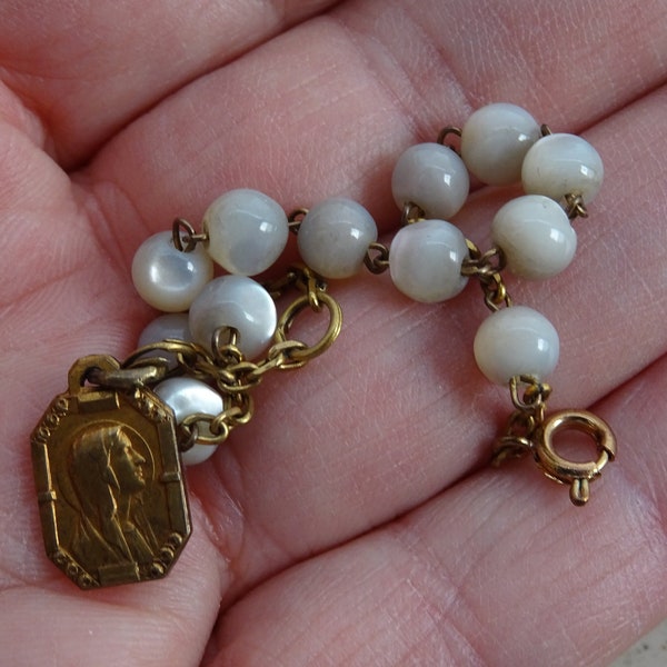 Antique religious French vermeil bracelet with beads of mother of pearl and vermeil medal pendant Holy Virgin Mary. ( A 27 )