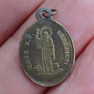 Religious antique French copper catholic medal pendant charm medallion of Saint Benedict. ( medal of exorcism against evil )   V 28