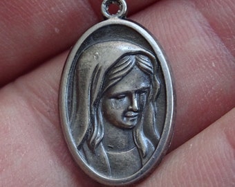 Religious French silver plated catholic medal pendant Medallion Holy charm with Virgin Holy Mary Our Lady of Sorrows.  ( 6 )