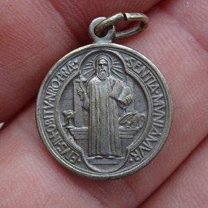 Religious antique silvered catholic medal pendant medallion Holy charm of saint Benedict.  (catholic medal of exorcism against evil) 2