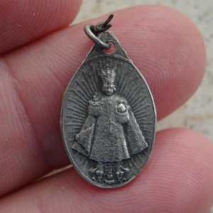 Religious antique French catholic silvered medal pendant medaillon charm medallion of The Infant Jesus of Prague and Holy Virgin Mary.  17