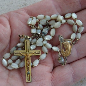 Religious antique French catholic rosary with beads of Mother of Pearl and vermeil cross crucifix of Holy Jesus Christ. ( M 13 )