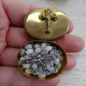 Religious antique French copper catholic rosary holder case Miniature box container pyx box with cross and rosary.  ( B 24 )