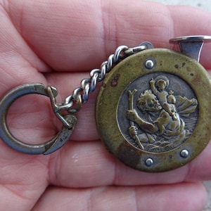 Religious antique French catholic silvered medal pendant medaillon charm  key ring of Saint Christopher with tamper. ( 32 )