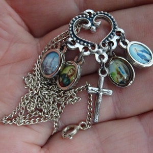 Religious vintage French silver plated chain necklace with silver plated Christian cross crucifix and medals. ( B 8 )