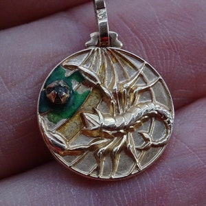 Vintage gold plated vermeil ( MARKED ) Zodiac medal pendant medaillon charm medallion Constellation sign of Scorpio. ( B 15 )