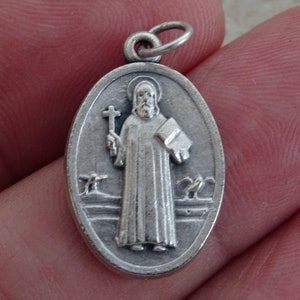 Religious antique French catholic silver plated medal pendant medaillon Holy charm medallion of Saint Benedict.  ( H 23  )