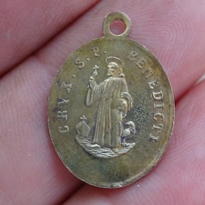 Religious antique French copper catholic medal pendant charm medallion of Saint Benedict. ( medal of exorcism against evil )   V 36