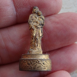 Religious antique French catholic copper statue of Saint Joseph with Holy Child Jesus Christ. ( B 50 )
