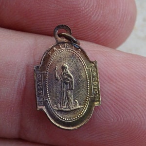 Religious antique French copper catholic medal pendant charm medallion of Saint Benedict. ( medal of exorcism against evil)   A 34