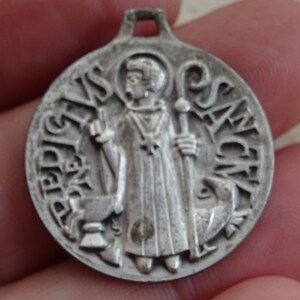 Huge religious antique French silver  ( MARKED ) catholic medal pendant medallion Holy charm of Saint Benedict. ( A 36 )