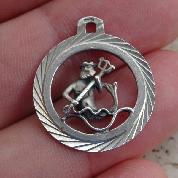 Vintage silver ( MARKED ) Zodiac constellation medal charm medallion pendant sign of Aquarius. ( waterman )  E 23