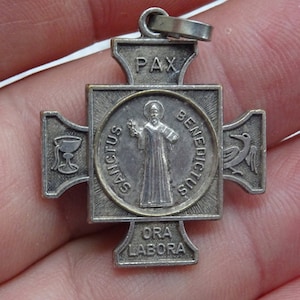 Religious antique silvered catholic medal pendant medallion Holy charm of saint Benedict.  (catholic medal of exorcism against evil) 5