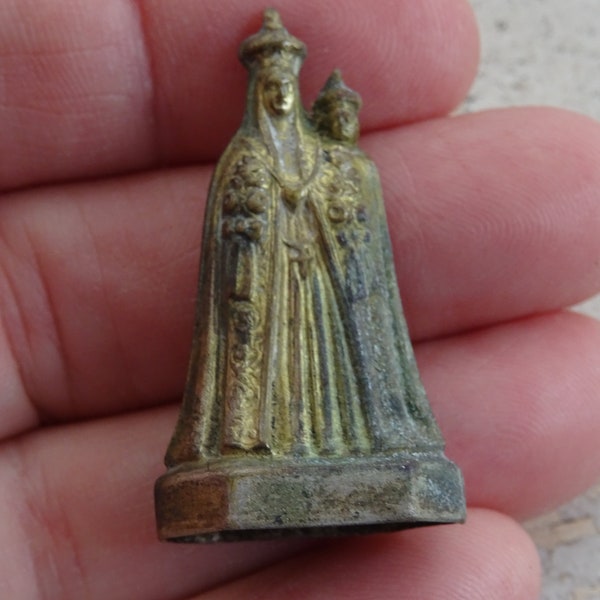 Religious antique French small catholic silver plated miniature statue of Holy Virgin Mary Our Lady and Child Jesus. ( B 17 )