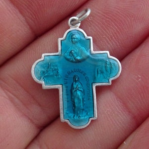 Religious antique French enameled catholic medal pendant medaillon Holy charm medallion of Holy Mary and Saint Bernadette. ( Z 4 a )