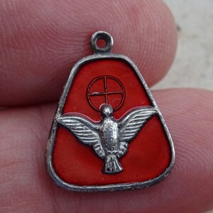 Religious antique silver plated enameled French medal pendant charm Holy Spirit Dove Pigeon for Holy Confirmation. O 14