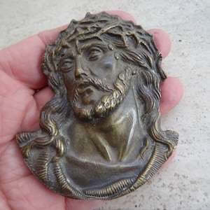 Religious antique French catholic bronze solid plaque  torso body trunk statue head of Holy Jesus Christ Our Lord. 21
