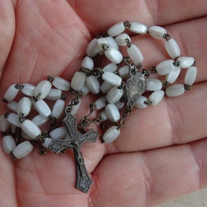 Religious antique French catholic rosary with beads of Mother of Pearl  and cross crucifix of Holy Jesus Christ. ( O 18 )