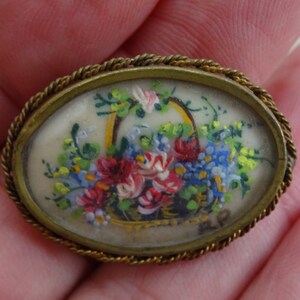 Antique French copper brooch with painted flowers. ( Q 7 )