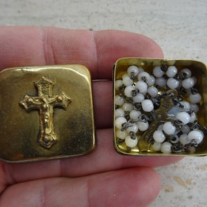 Religious antique French copper catholic rosary holder case Miniature box container pyx box with cross and rosary.  ( B 11)