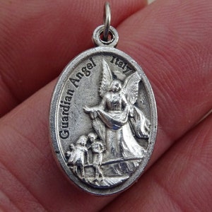 Religious French silver plated catholic medal pendant Holy charm medallion of Saint Michael Archangel Guardian Angel.  ( O 36 )