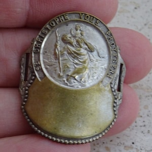 Religious antique French silver plated catholic slider  medal pendant plaque memorial tablet of Saint Christopher.  ( E 10 )