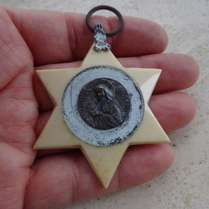 Religious antique French catholic copper medal pendant Holy charm medallion of Saint Bernadette. ( 22 )