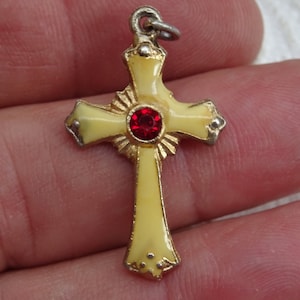 Religious catholic vermeil gold plated  crucifix pendant cross with red stone souvenir of Jerusalem. ( 12 D )