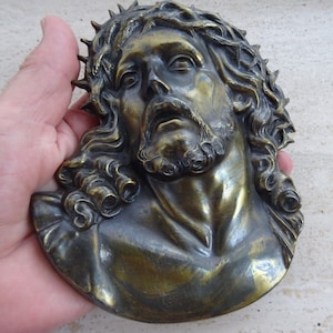 Religious antique French catholic bronze solid plaque torso body trunk statue head of Holy Jesus Christ Our Lord. 10