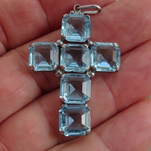 Religious French silver plated Christian crucifix pendant cross with stones. ( W 23 a )