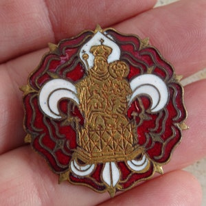 Religious antique French catholic copper enameled brooch of Holy Virgin Mary Notre Dame de la Treille. ( souvenir of  Lille ) ( 19 C)