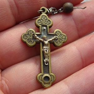 Religious antique French copper crucifix pendant pectoral cross Jesus Christ with relic reliquary Saint Marcelinni Champagnat.  (  19 BB  )